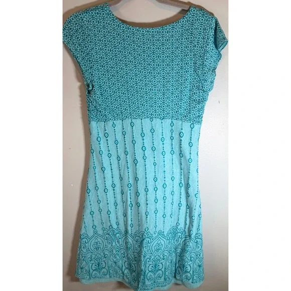 Athleta Knit Mini Dress Womens Size Medium Aqua Blue Boho Ruched V-Neck - Picture 3 of 7